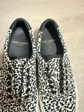Saint Laurent Black and White Graphic Slip-On Sneakers in black and white canvas